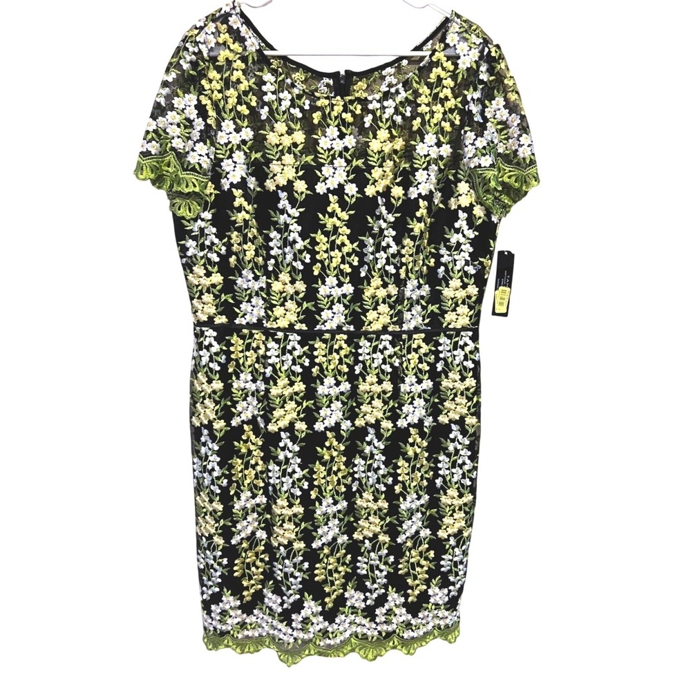Tahari Arthur S. Levine Floral Embroidered Sheath Dress Black Green cottagecore